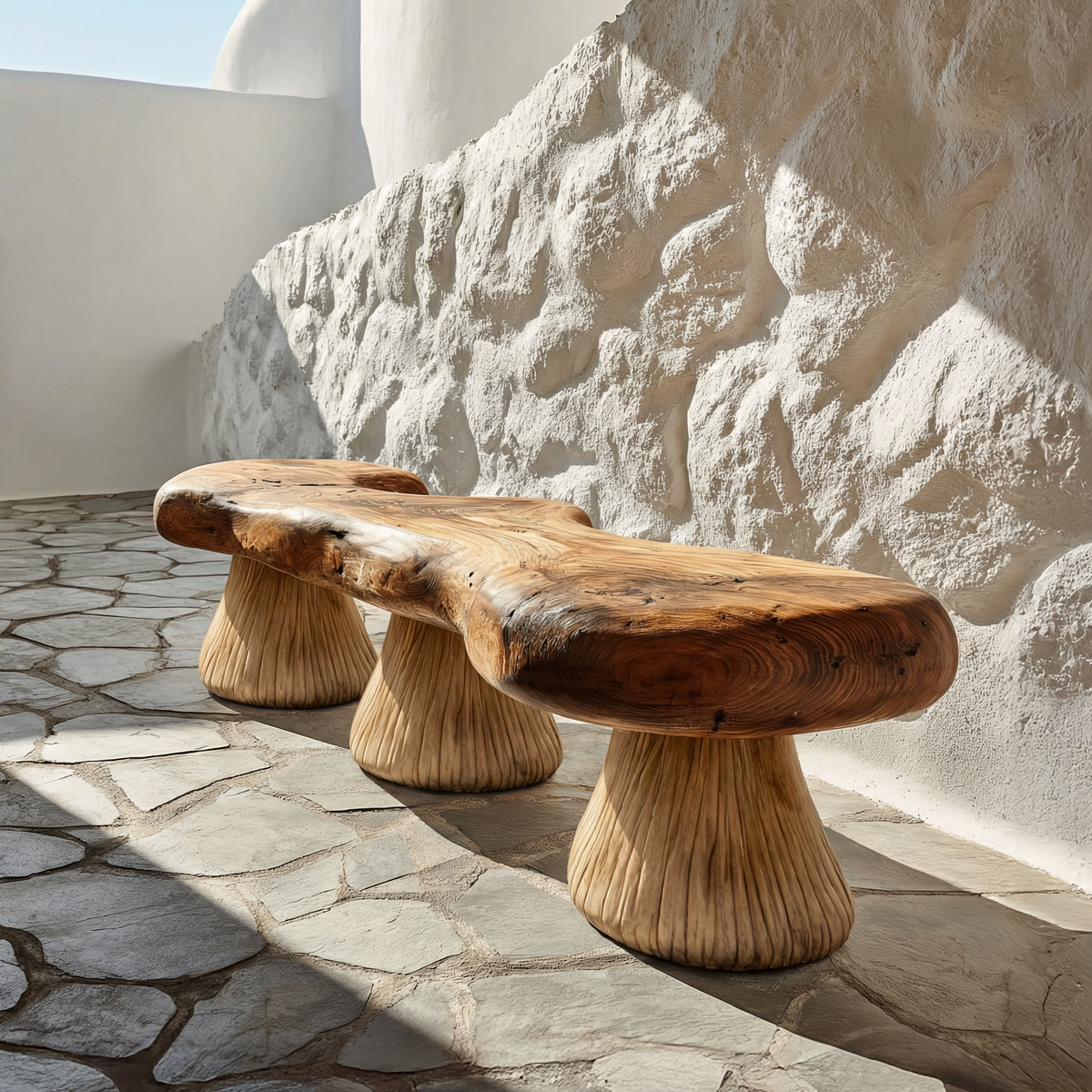 Natural Mushroom Bench Solid Wood Rustic Sculptural Design Entryway Or Garden Space