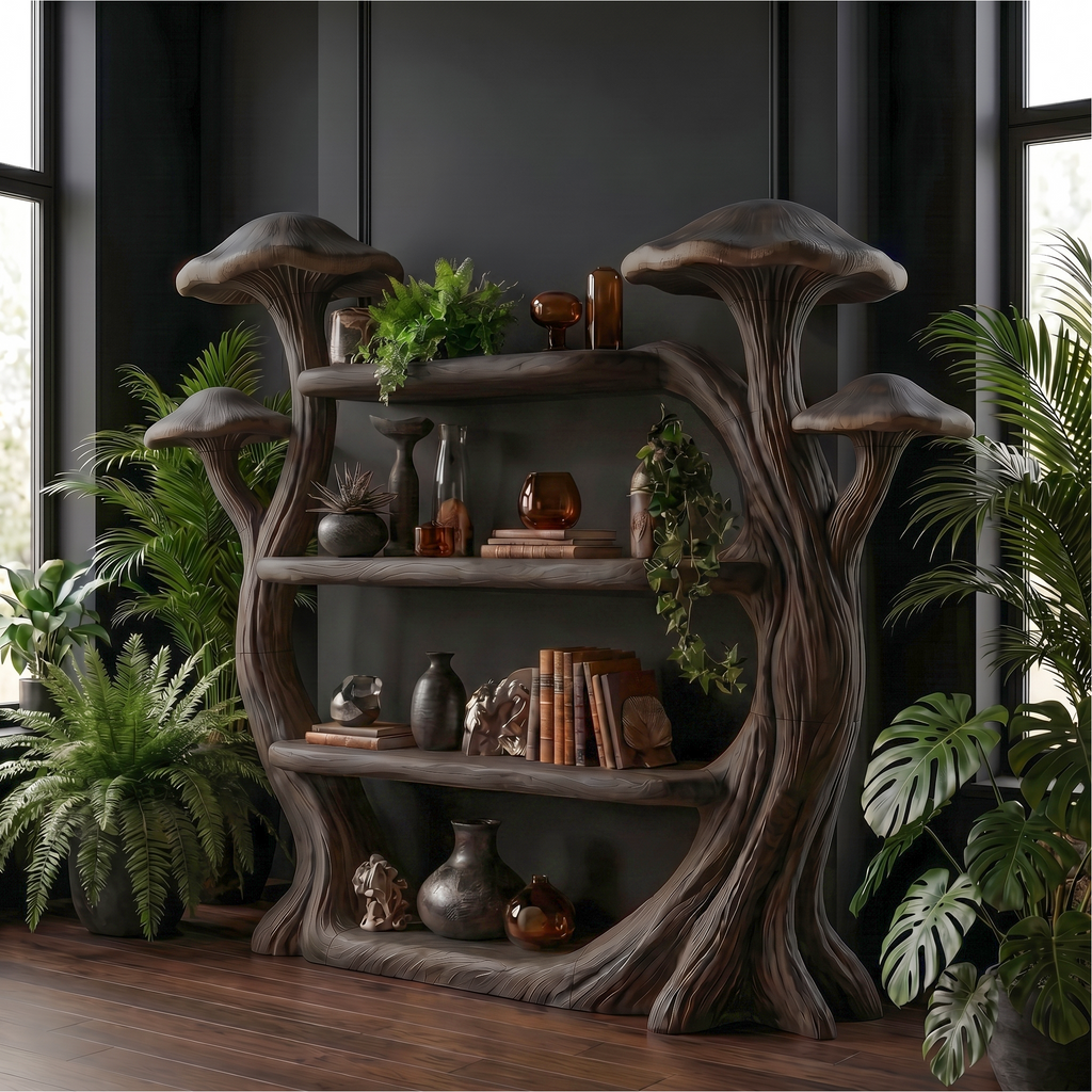 Natural Wood Mushroom Bookcase For Living Room And Reading Room