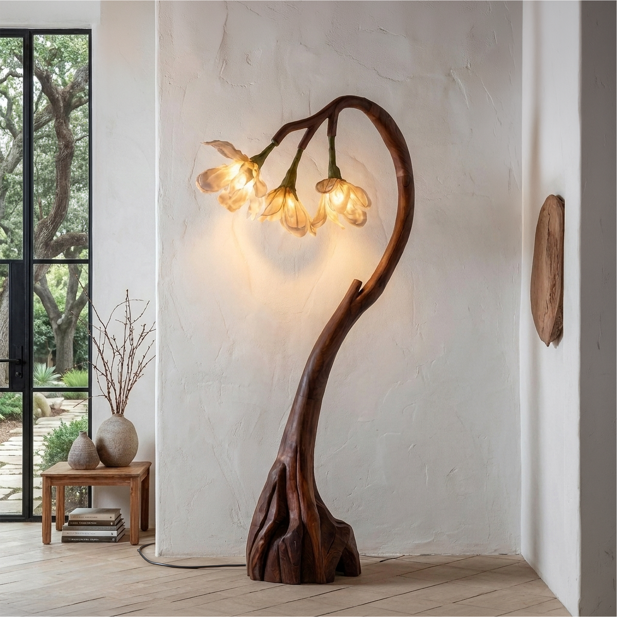 Floral Floor Lamp With Organic Wood Base