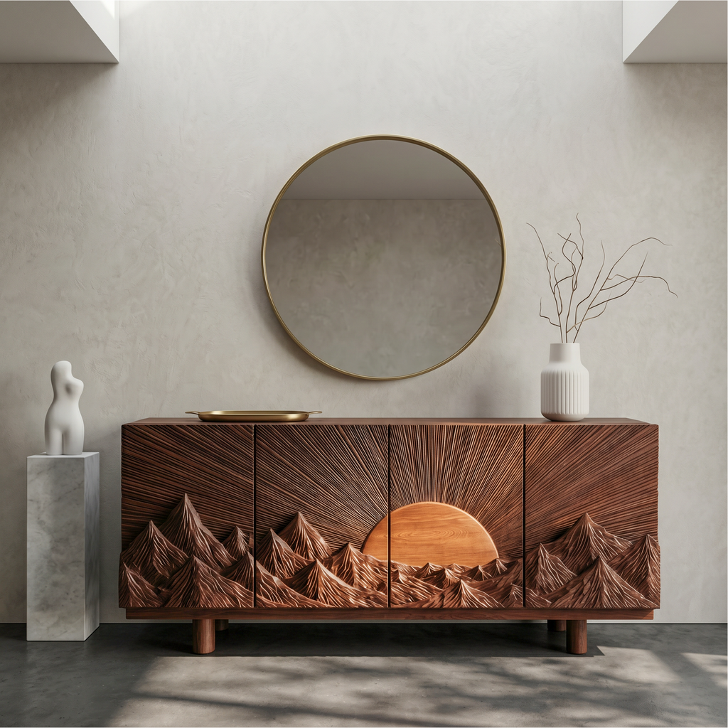 Rustic Mountain Sunrise Storage Cabinet With Carved Wood Doors