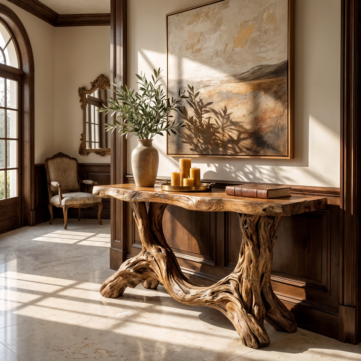 Sculptural Single Pedestal Wood Console Table