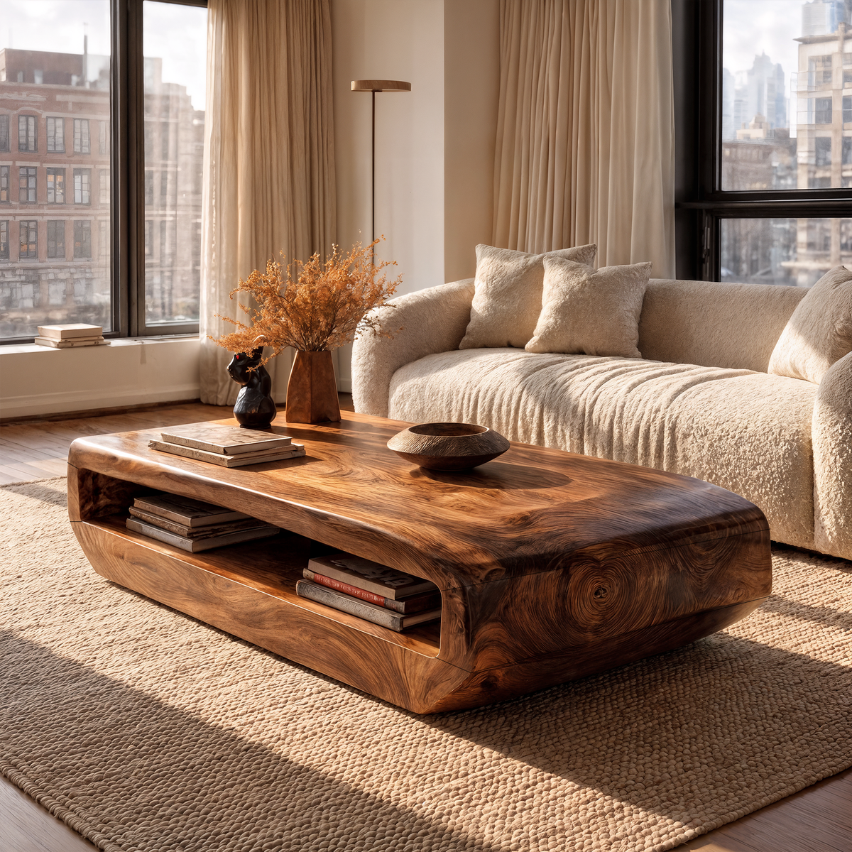 Rustic Natural Wood Coffee Table With Storage Shelf