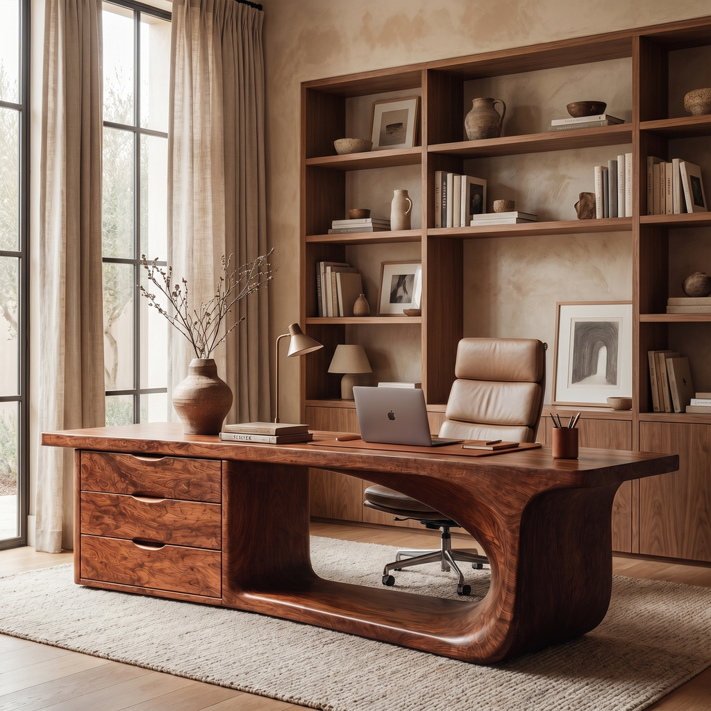Rustic Executive Desk With Sculptural Solid Wood Base & Storage Drawers