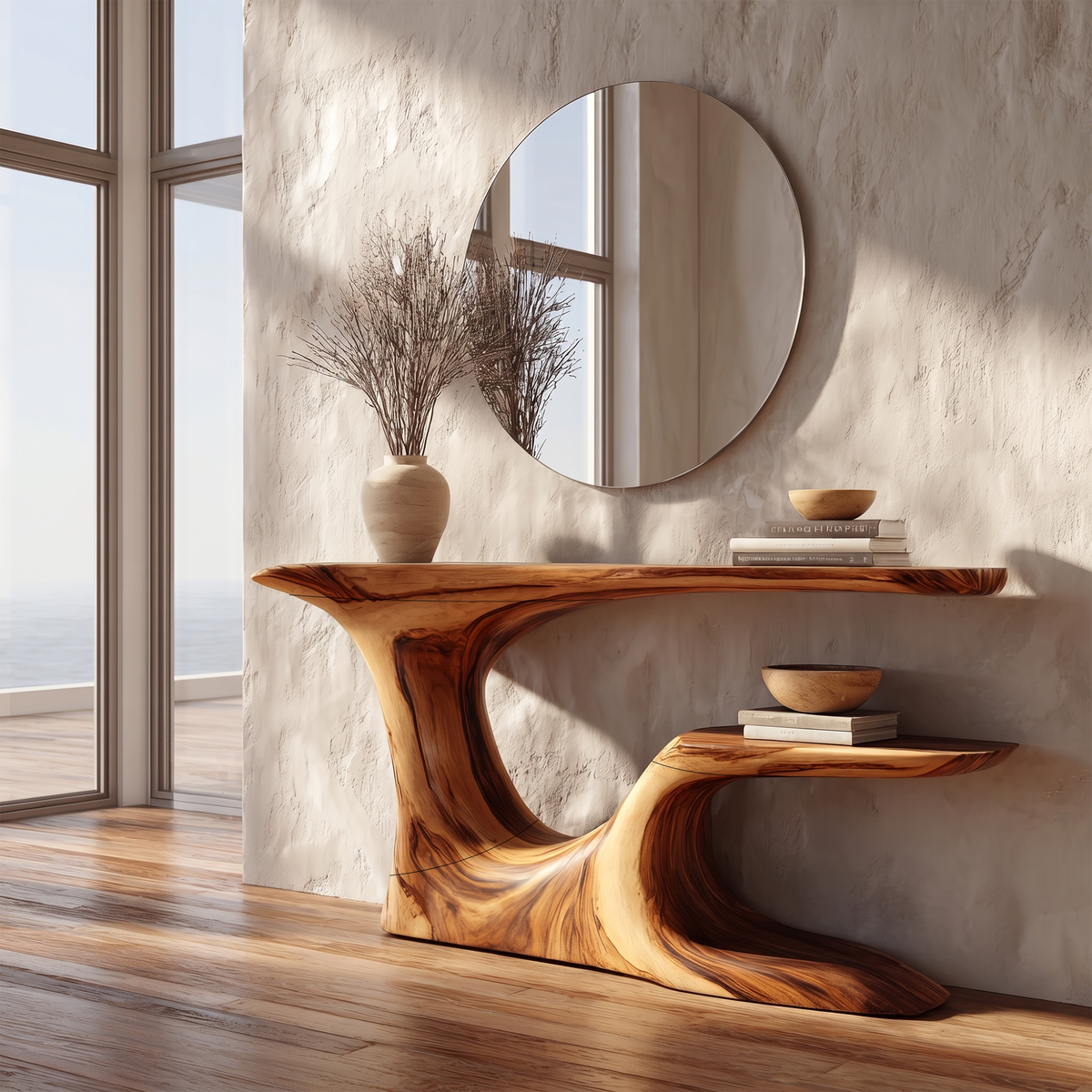 Rustic Organic Console Table With Live Edge Top & Sculptural Solid Wood Base