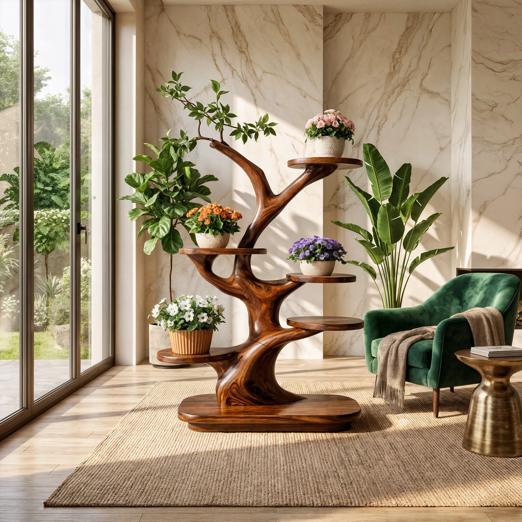 Midcentury Wooden Tree Plant Stand Home Interior