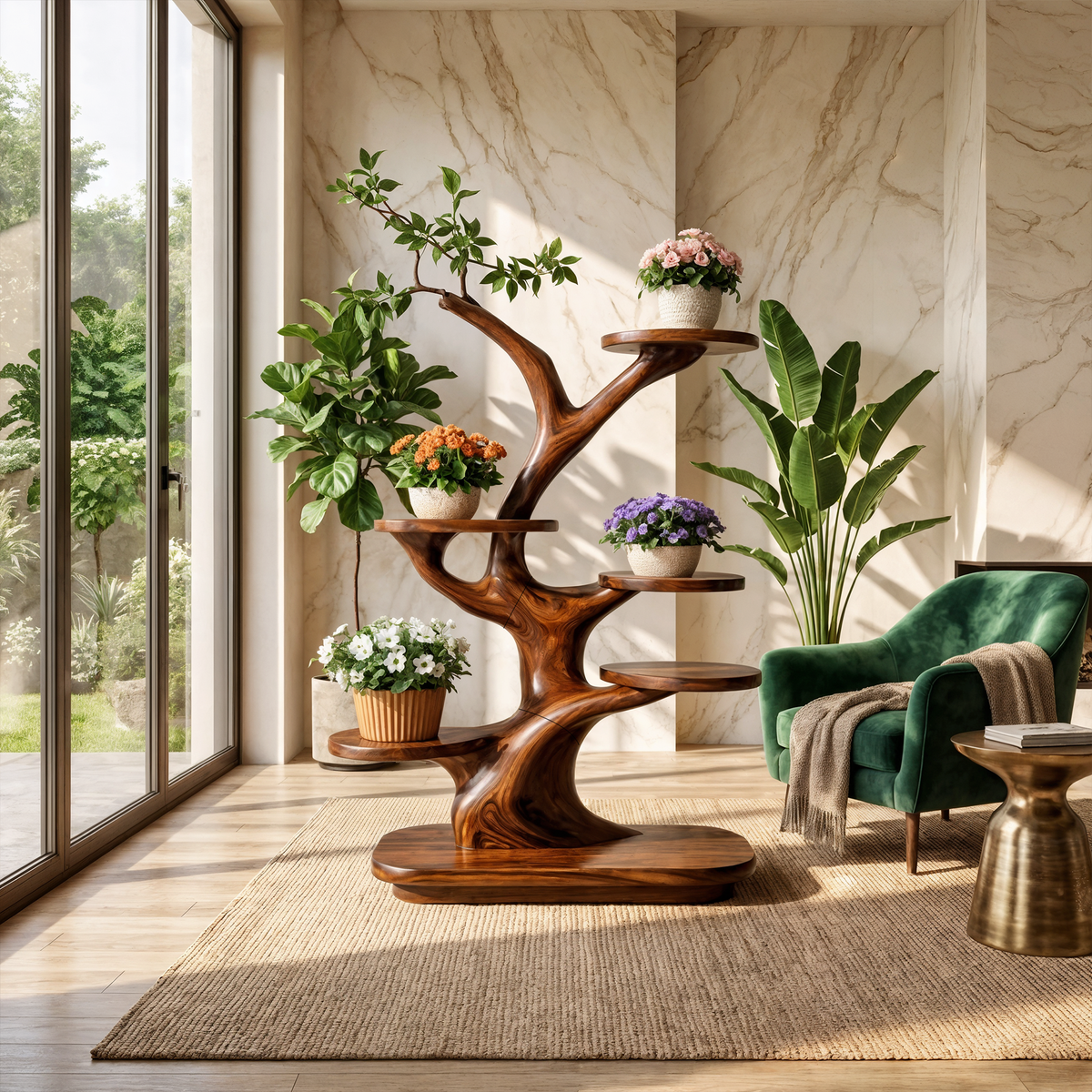 Midcentury Wooden Tree Plant Stand Home Interior
