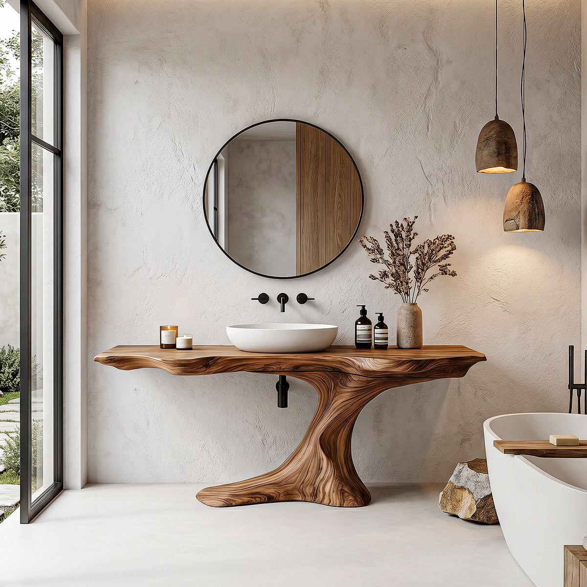 Rustic Organic Bathroom Vanity With Live Edge Countertop & Sculptural Tree Root Base