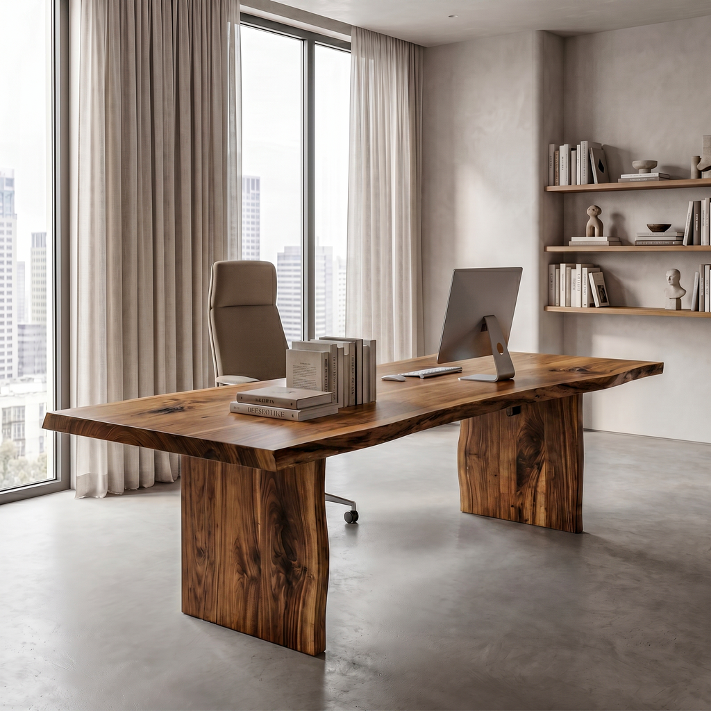 Rustic Live Edge Wooden Desk With Solid Wood Pedestal Base