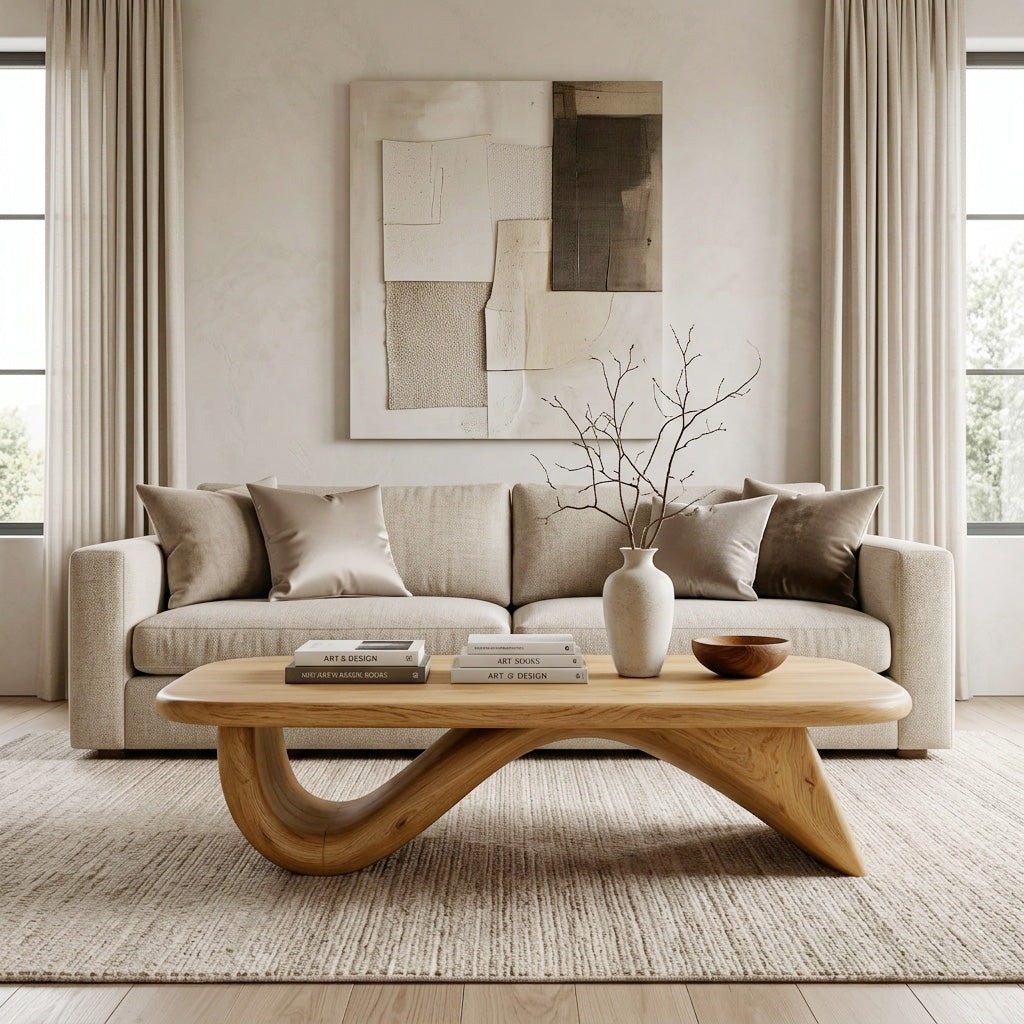 Organic Wood Coffee Table With Sculpted Curved Base For Living