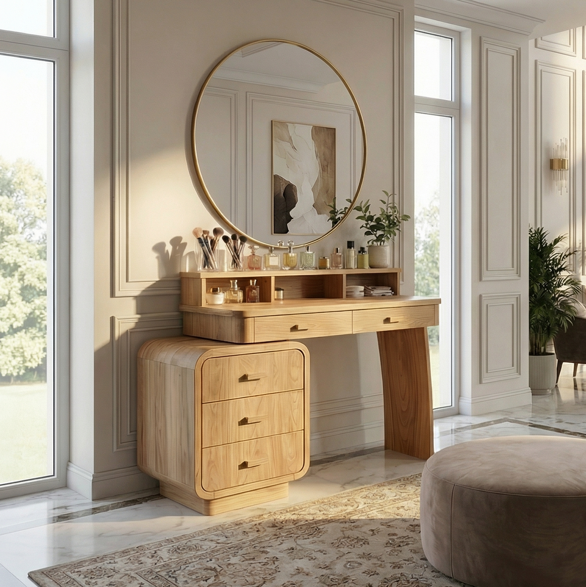 Mid Century Dressing Table With Storage Cabinet Soft Rounded Design For Bedroom
