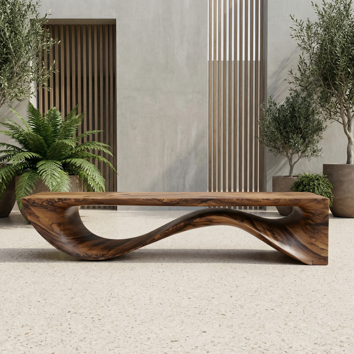 Sculptural Wave Bench Solid Wood Extended Curved Form Entryway