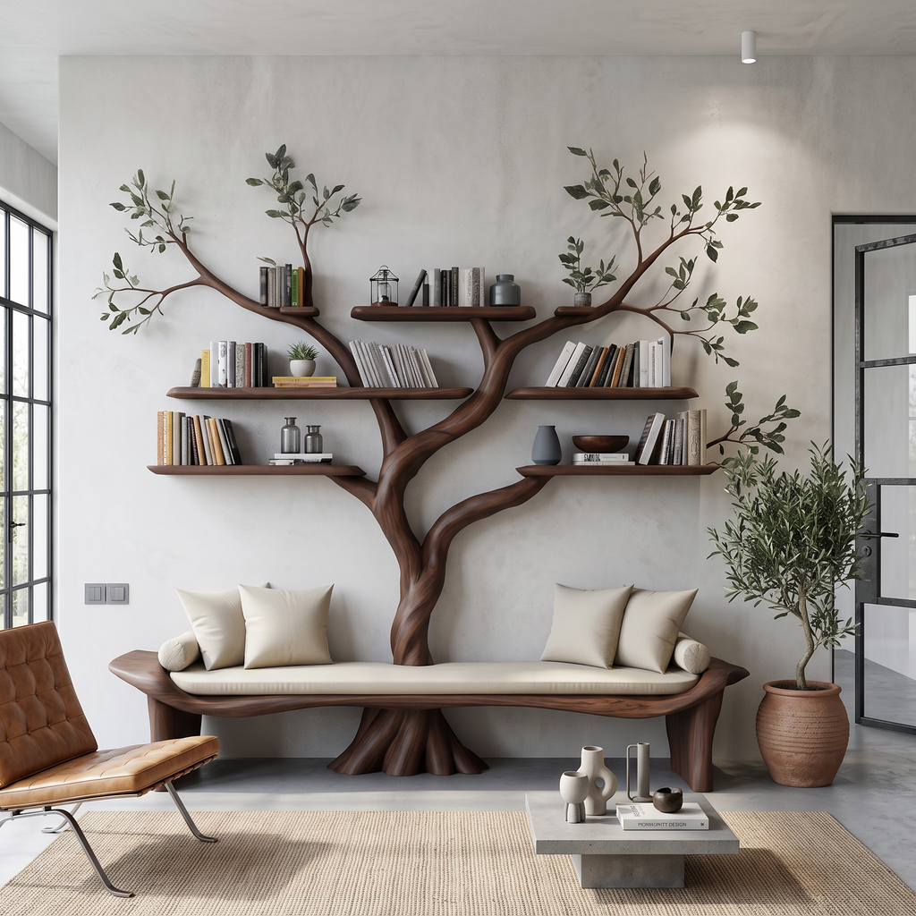 Rustic Sculptural Tree Bookshelf Bench Living Room Interior Statement Furniture
