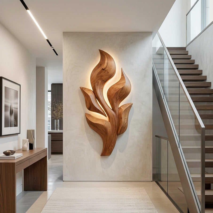 Sculptural Wooden Leaf Wall Art With Warm Light For Home