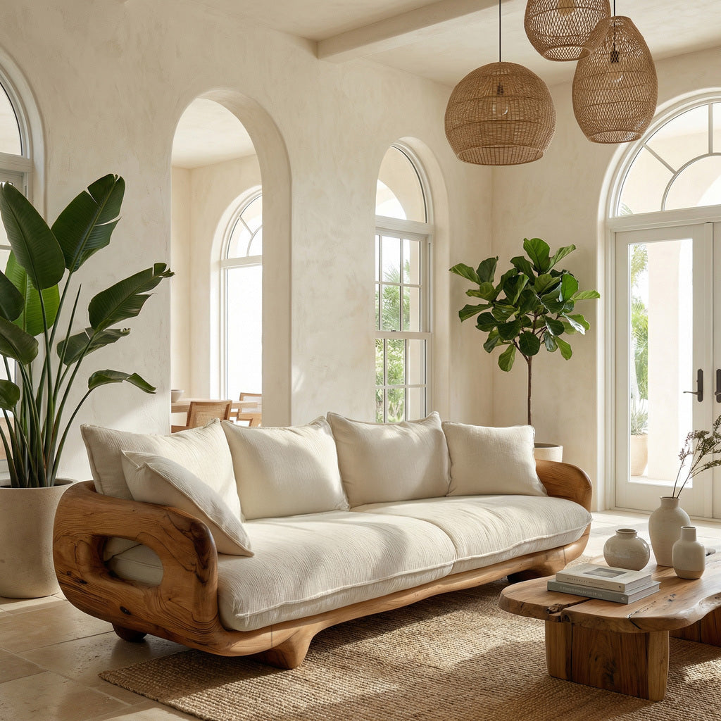 Modern Farmhouse Curved Sofa With Solid Frame For Living Room