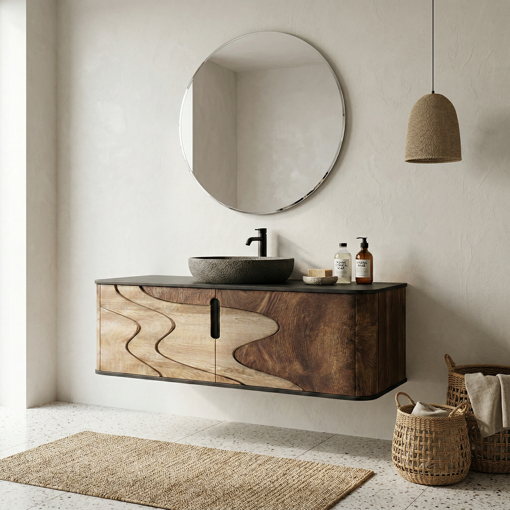 Organic Flow Bathroom Vanity Solid Wood Curved Front Storage Bathroom