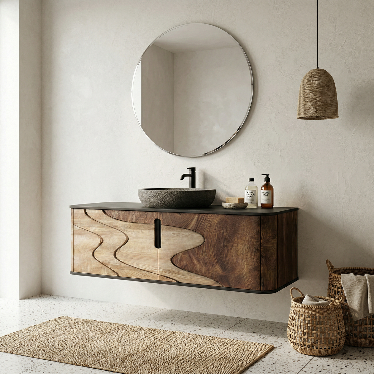 Organic Flow Bathroom Vanity Solid Wood Curved Front Storage Bathroom