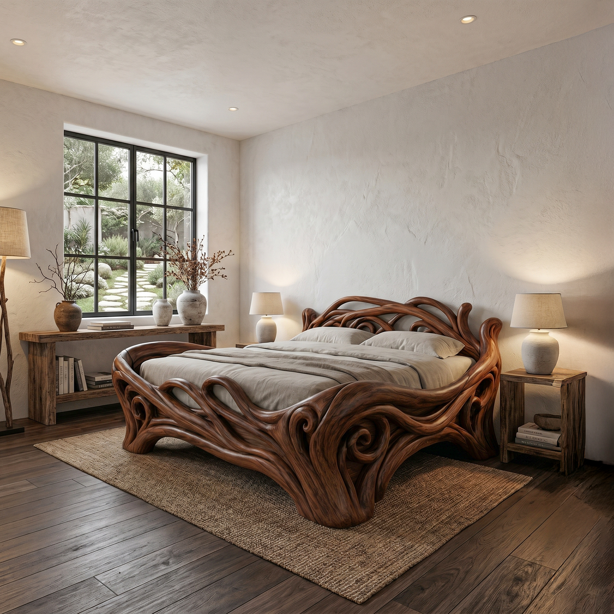 Organic Sculptural Bed Frame With Flowing Root-Inspired Wood Design