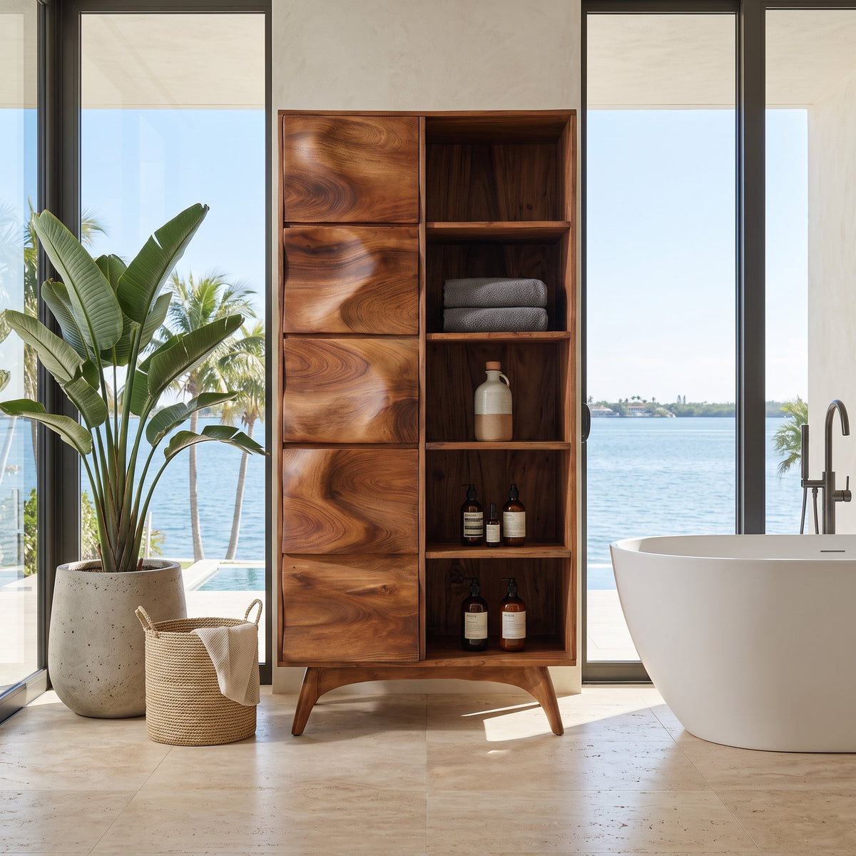 Sculpted Wood Bathroom Cabinet With Wavy Doors For Spa Decor