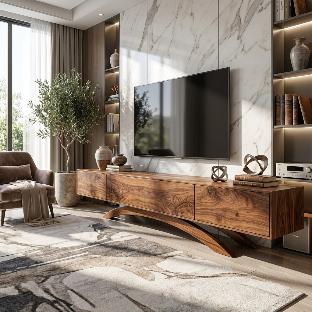 Modern Wooden TV Cabinet With Curved Base For Home Interior