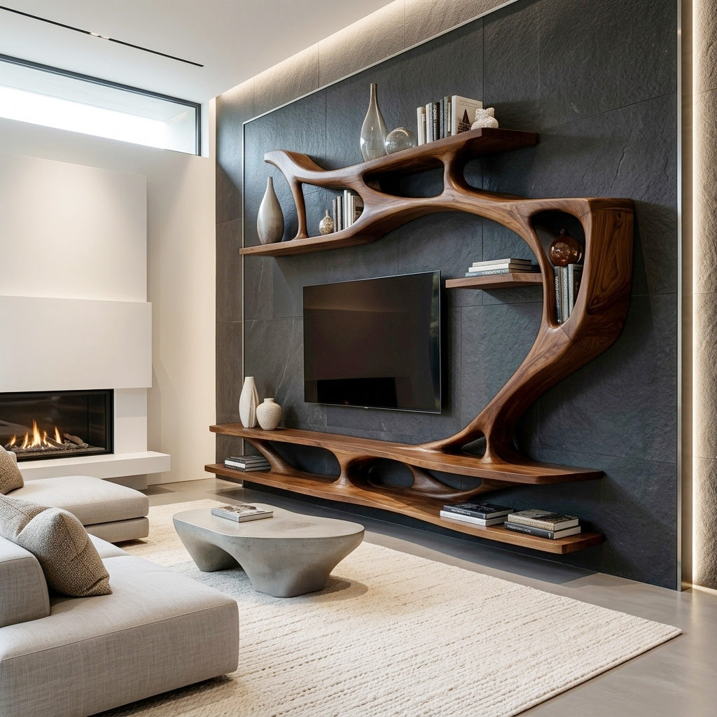 Organic Modern Sculptural Wall TV Shelf For Living Room