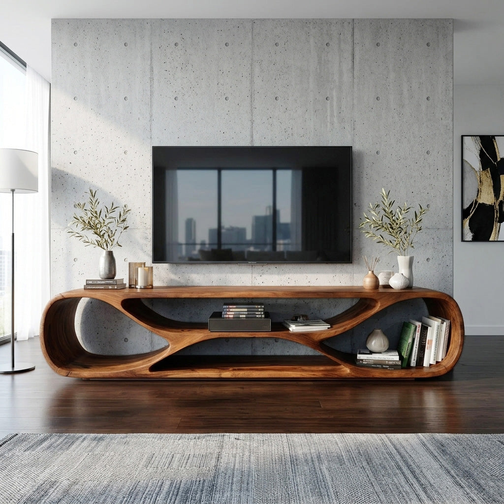 Contemporary Curved Wood TV Stand For Modern Living Room
