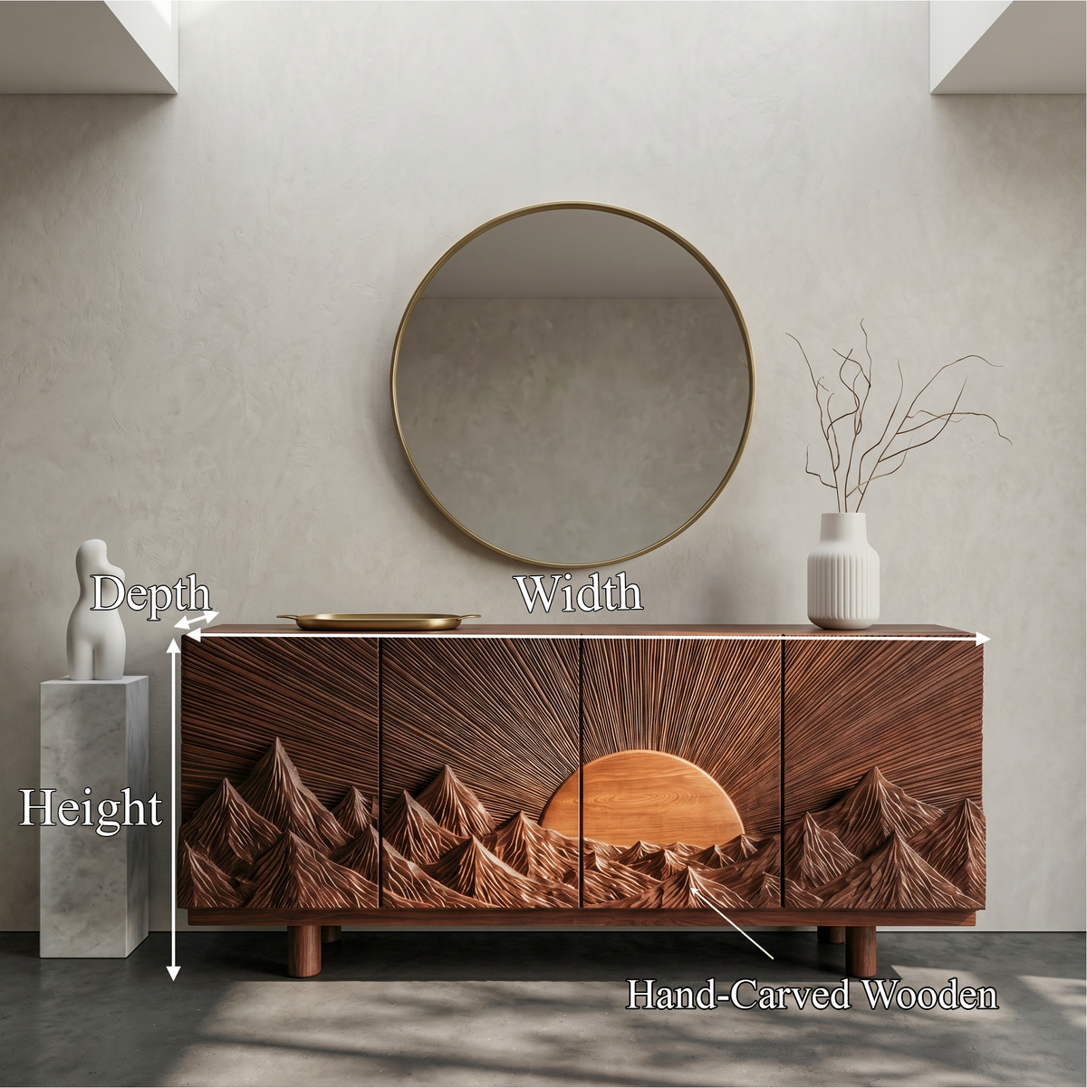 Rustic Mountain Sunrise Storage Cabinet With Carved Wood Doors