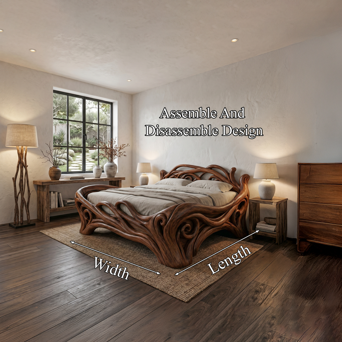 Organic Sculptural Bed Frame With Flowing Root-Inspired Wood Design