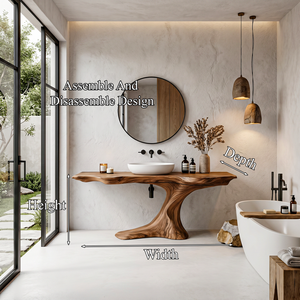 Rustic Organic Bathroom Vanity With Live Edge Countertop & Sculptural Tree Root Base