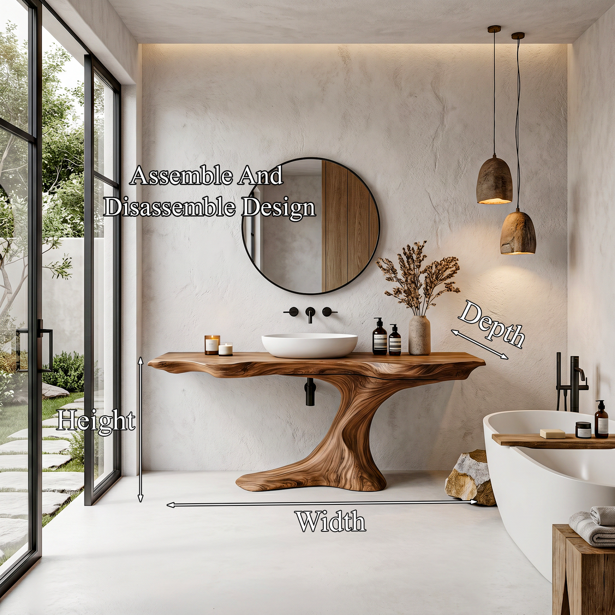 Rustic Organic Bathroom Vanity With Live Edge Countertop & Sculptural Tree Root Base