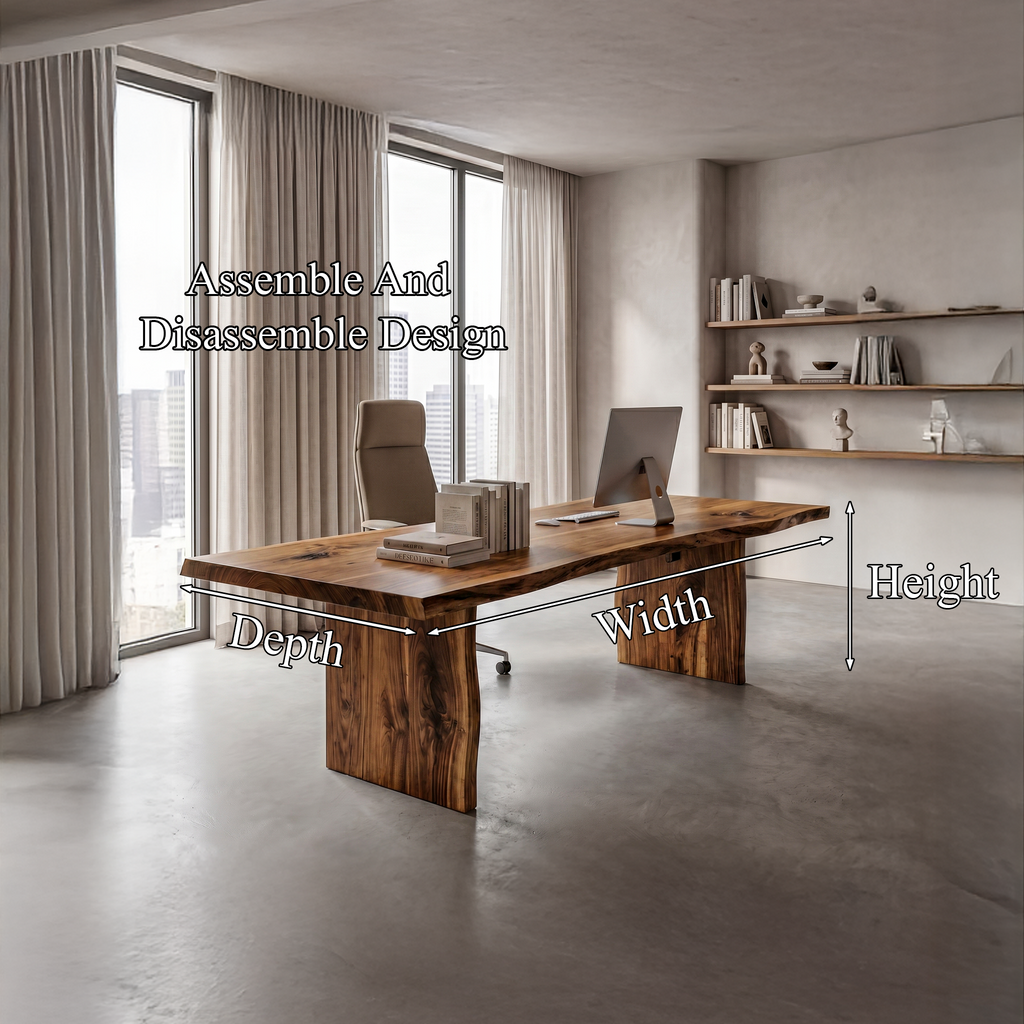 Rustic Live Edge Wooden Desk With Solid Wood Pedestal Base