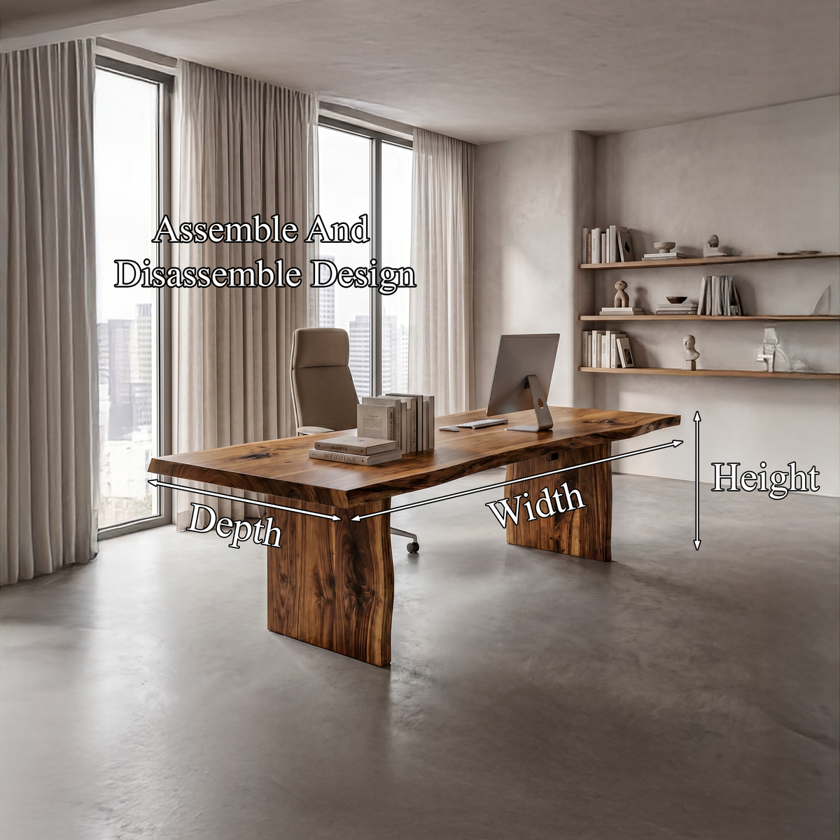 Rustic Live Edge Wooden Desk With Solid Wood Pedestal Base