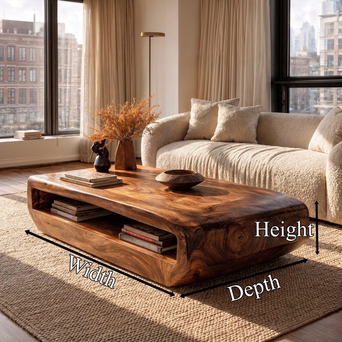 Rustic Natural Wood Coffee Table With Storage Shelf