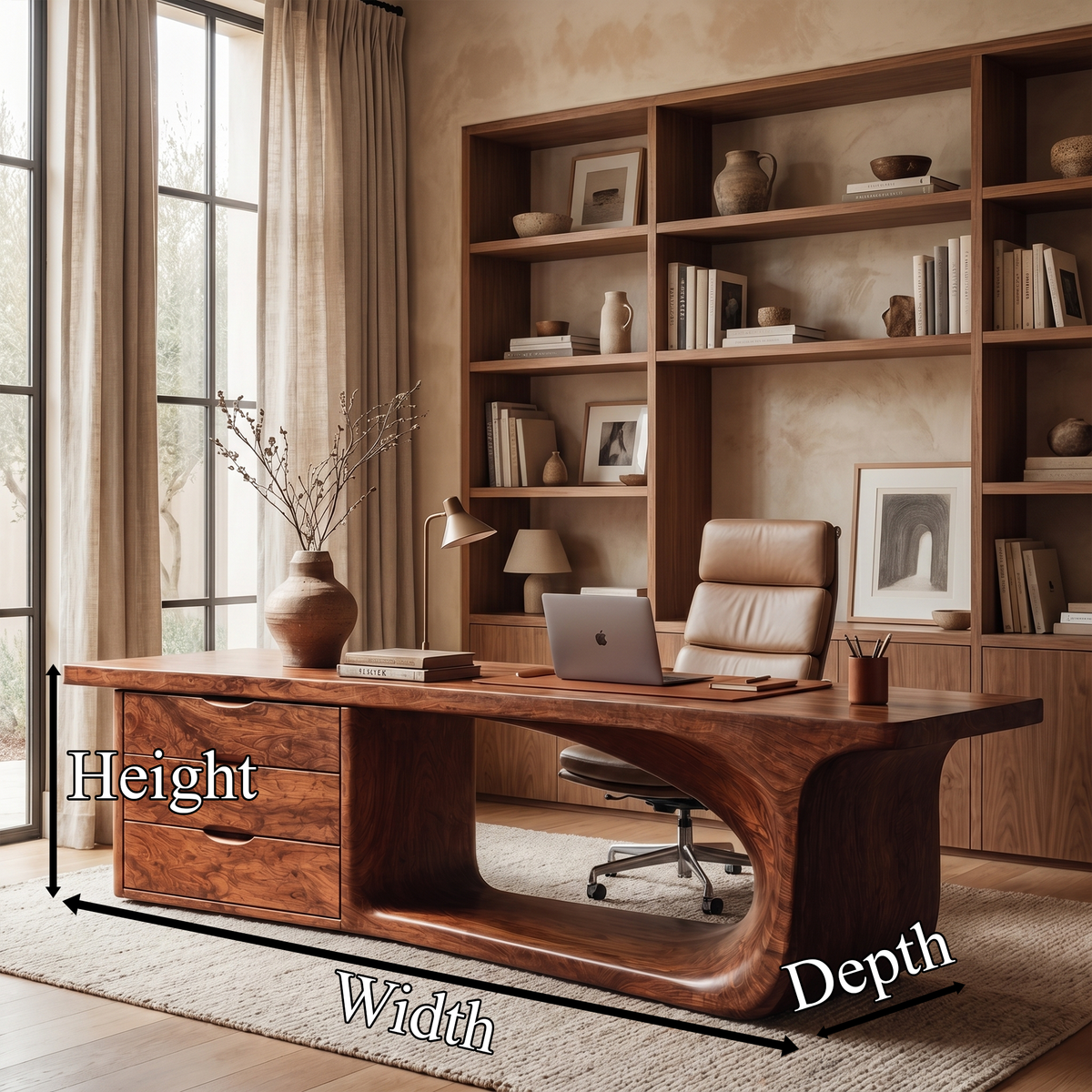 Rustic Executive Desk With Sculptural Solid Wood Base & Storage Drawers