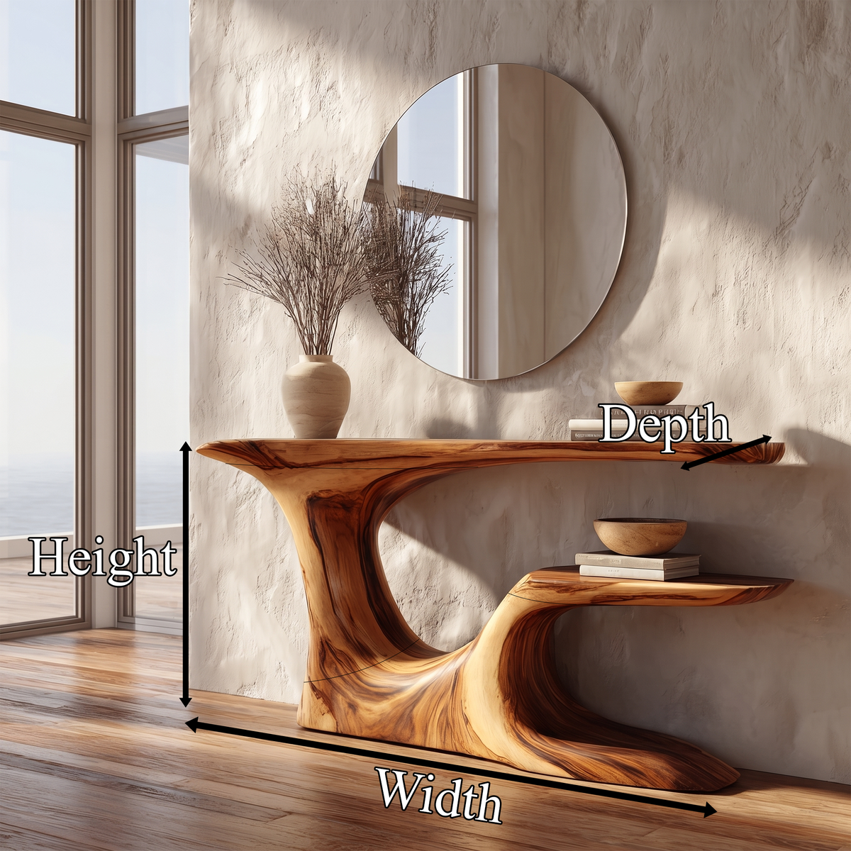 Rustic Organic Console Table With Live Edge Top & Sculptural Solid Wood Base