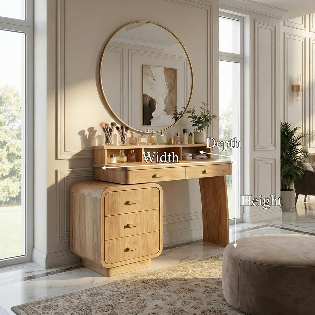 Mid Century Dressing Table With Storage Cabinet Soft Rounded Design For Bedroom