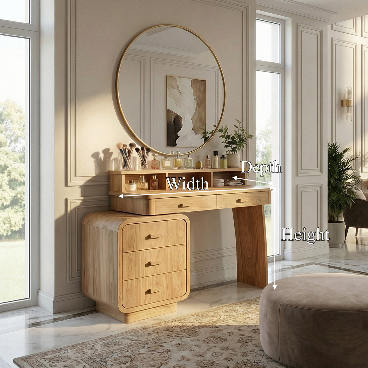 Mid Century Dressing Table With Storage Cabinet Soft Rounded Design For Bedroom