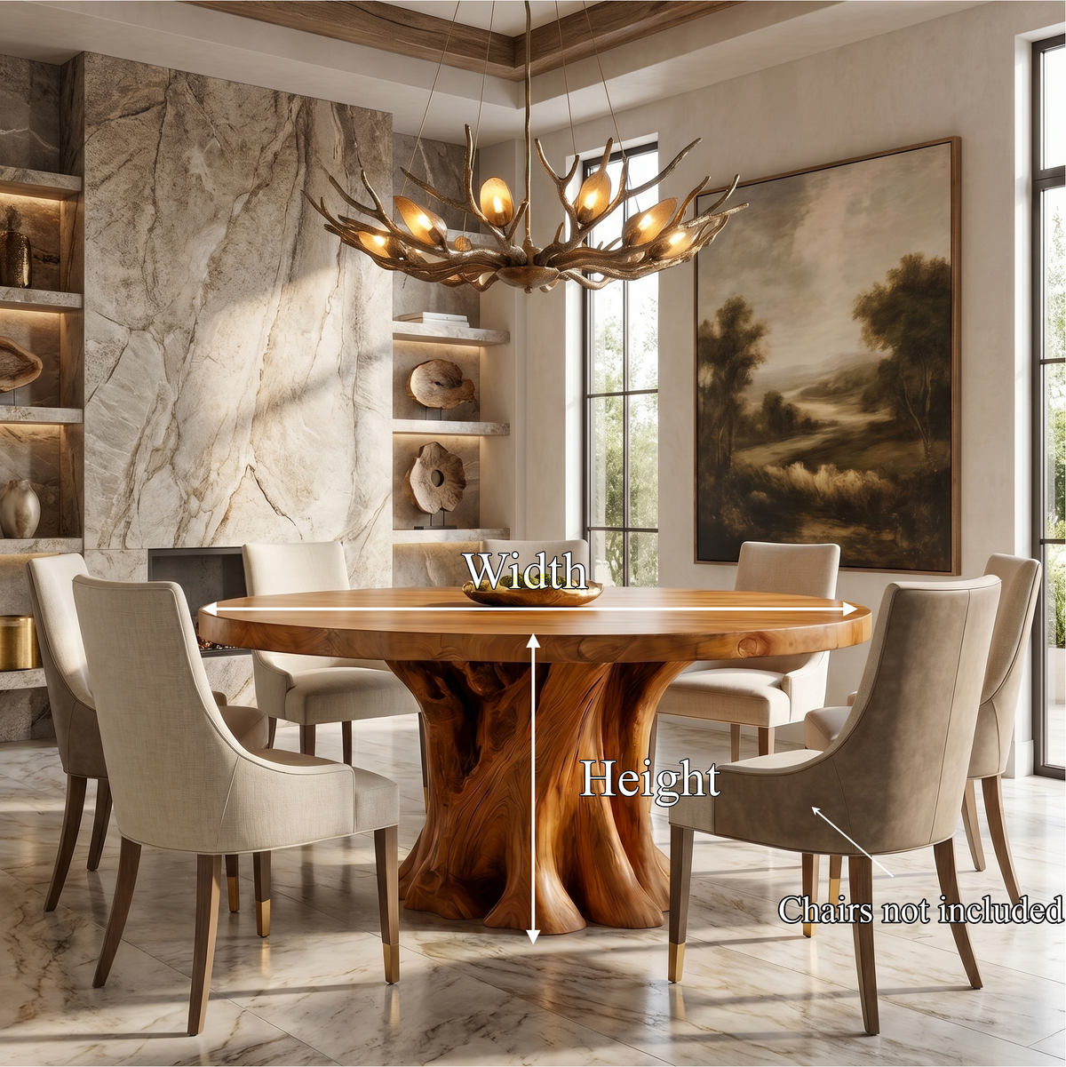 Rustic Round Dining Table With Solid Wood Sculptural Base For Dining Room