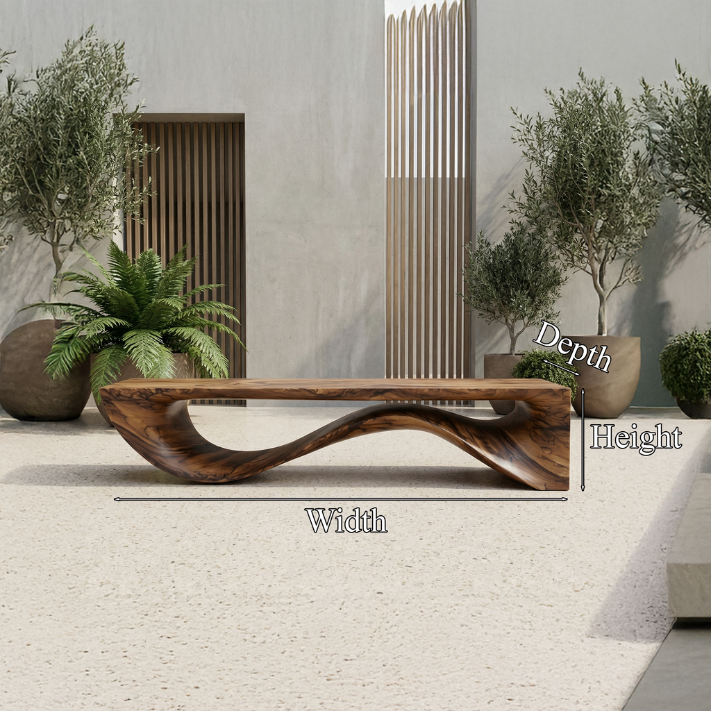 Sculptural Wave Bench Solid Wood Extended Curved Form Entryway