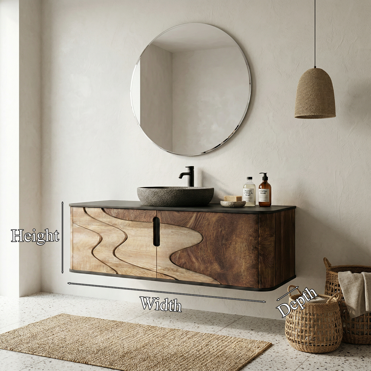 Organic Flow Bathroom Vanity Solid Wood Curved Front Storage Bathroom