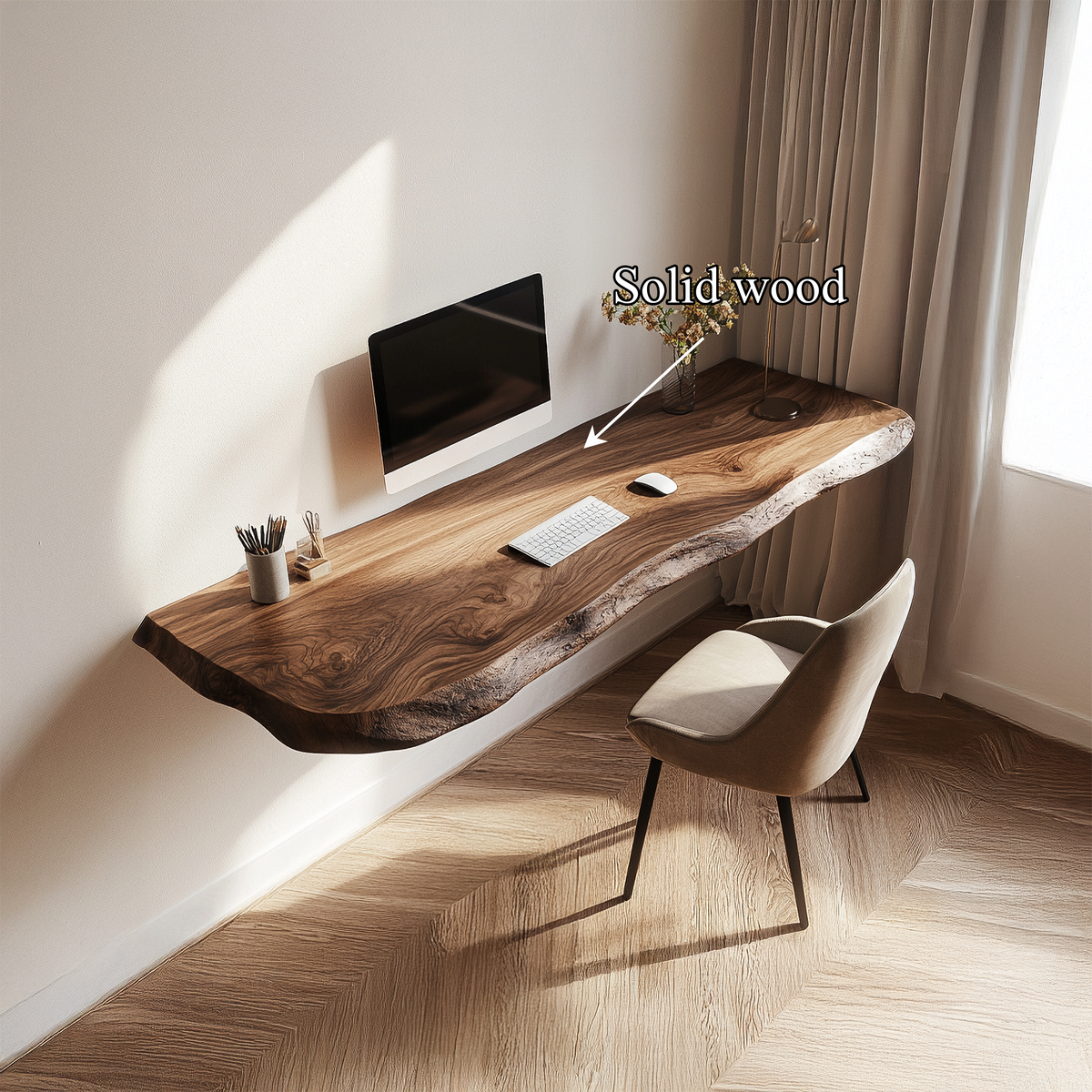 Rustic Live Edge Floating Desk Solid Wood Home Office Interior Wall Mounted