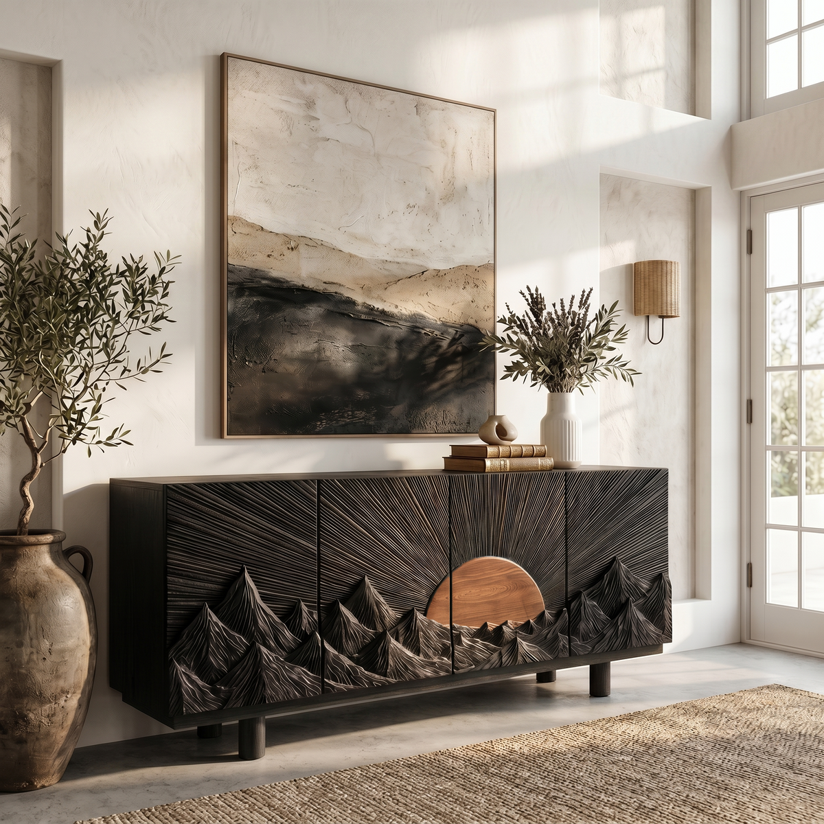 Rustic Mountain Sunrise Storage Cabinet With Carved Wood Doors