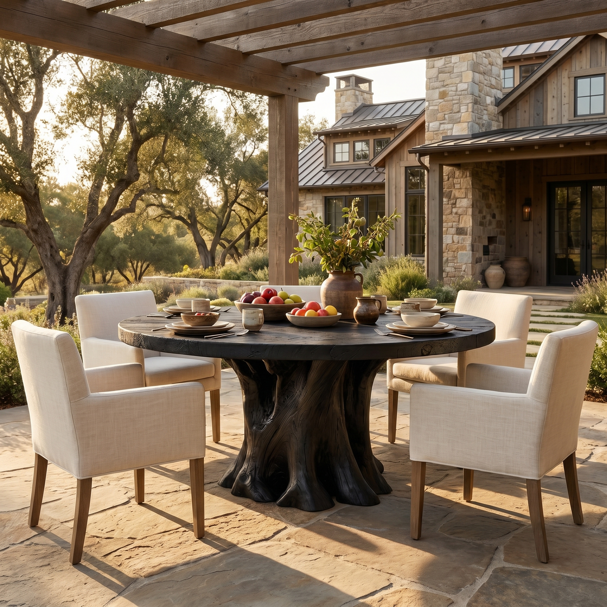 Rustic Round Dining Table With Solid Wood Sculptural Base For Dining Room
