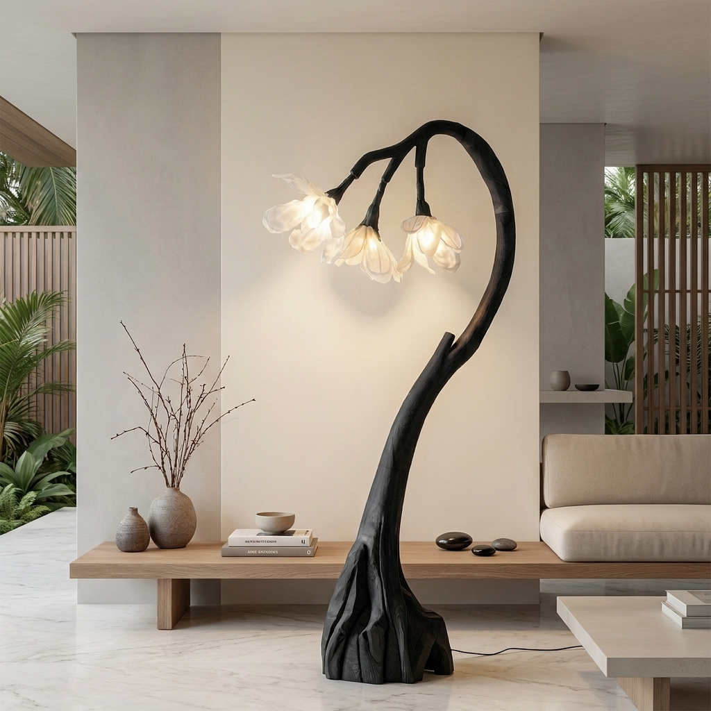Floral Floor Lamp With Organic Wood Base