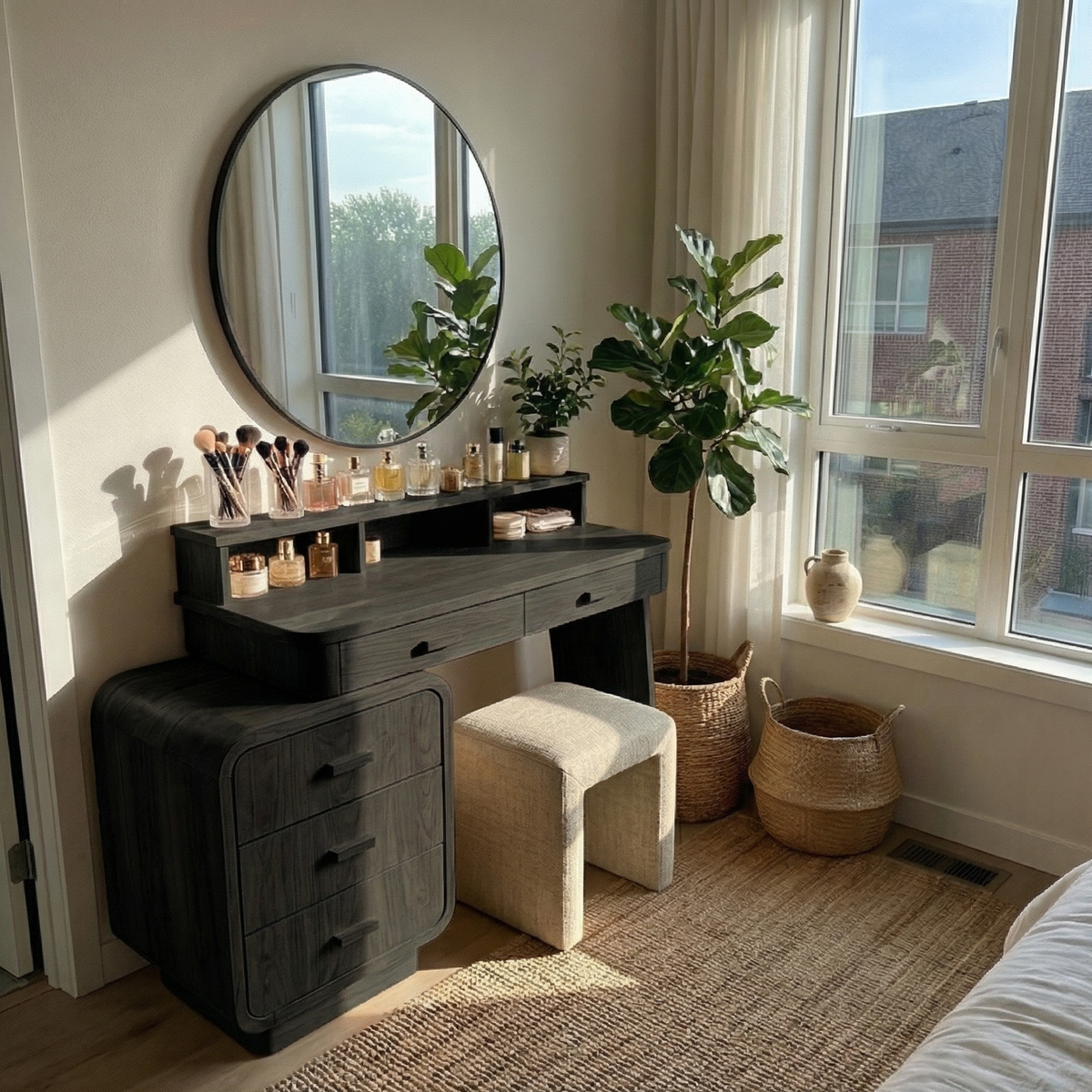 Mid Century Dressing Table With Storage Cabinet Soft Rounded Design For Bedroom