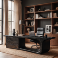 Rustic Executive Desk With Sculptural Solid Wood Base & Storage Drawers