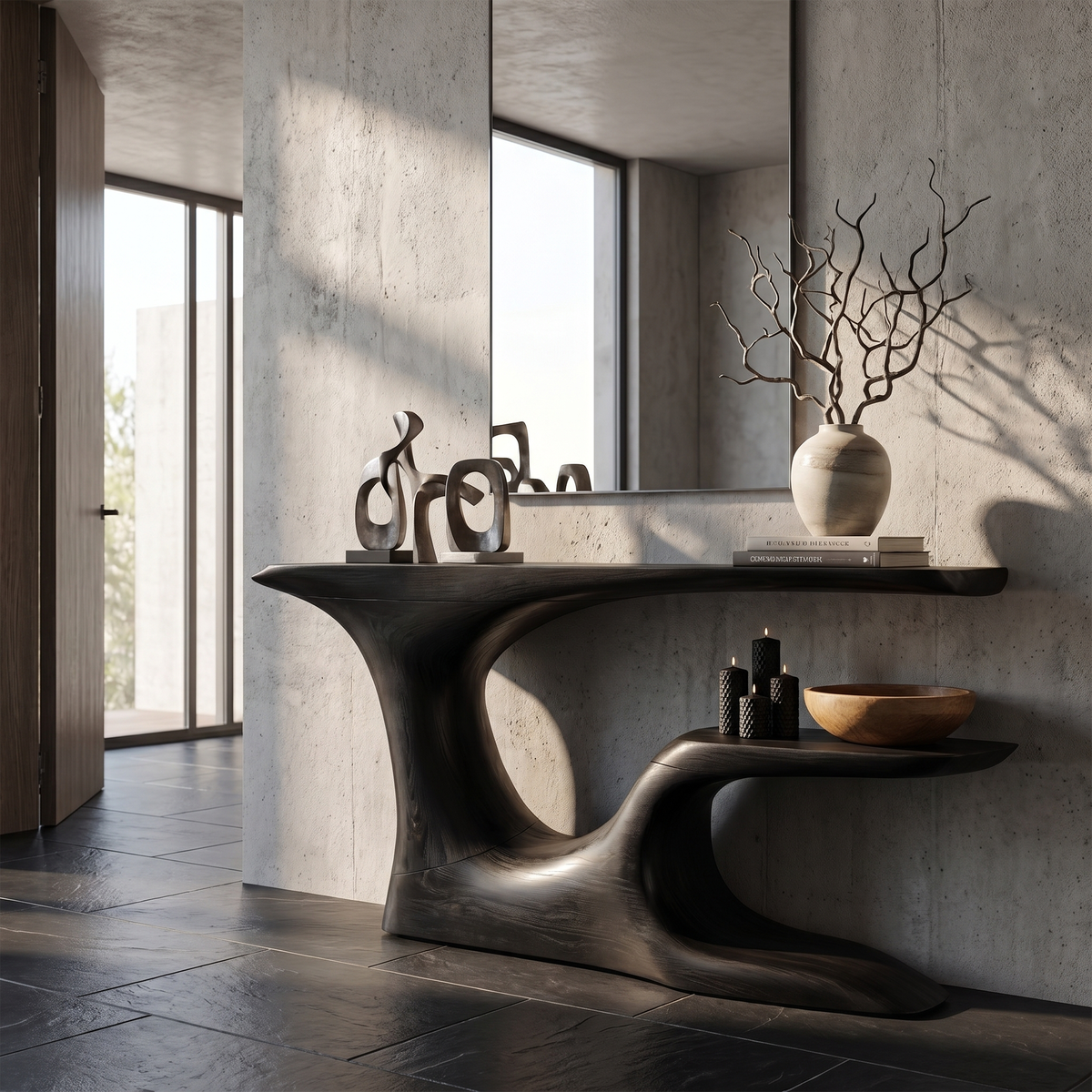 Rustic Organic Console Table With Live Edge Top & Sculptural Solid Wood Base