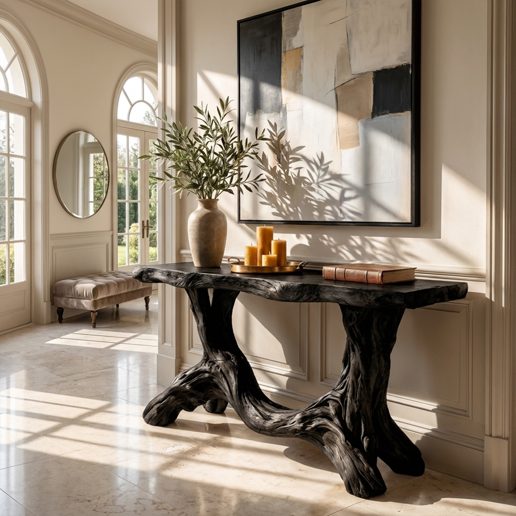 Sculptural Single Pedestal Wood Console Table