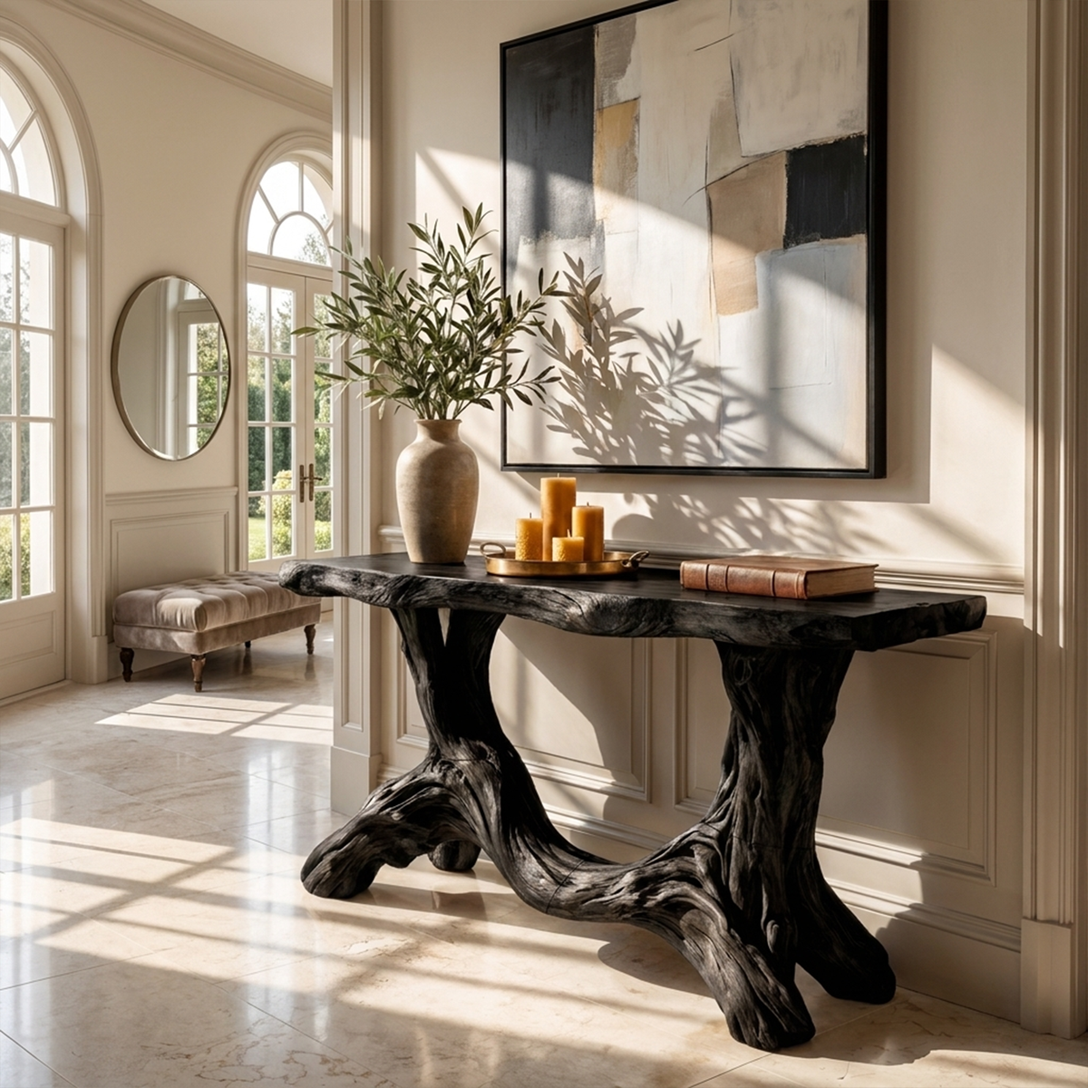 Sculptural Single Pedestal Wood Console Table