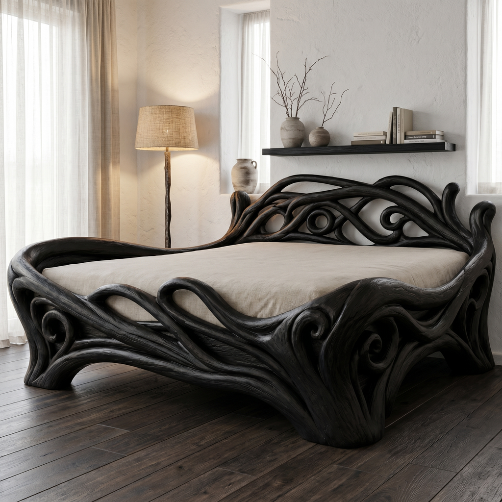 Organic Sculptural Bed Frame With Flowing Root-Inspired Wood Design