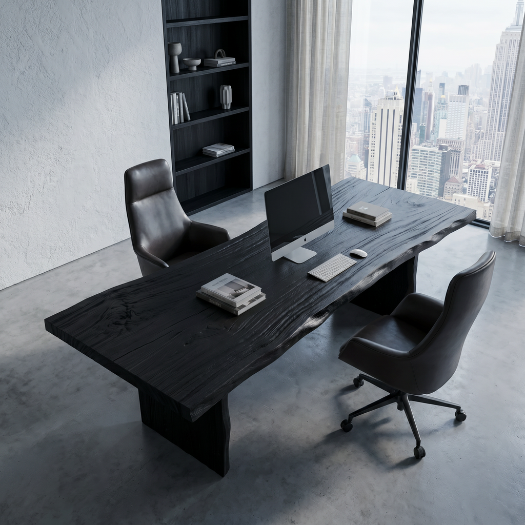 Rustic Live Edge Wooden Desk With Solid Wood Pedestal Base